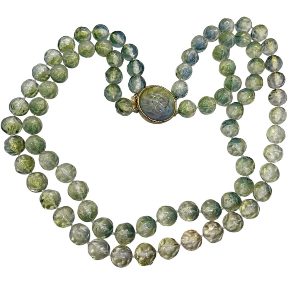Vintage Green Clear Lucite‎ Plastic Bead 2 Strand 22 Necklace Retro Mid Century
